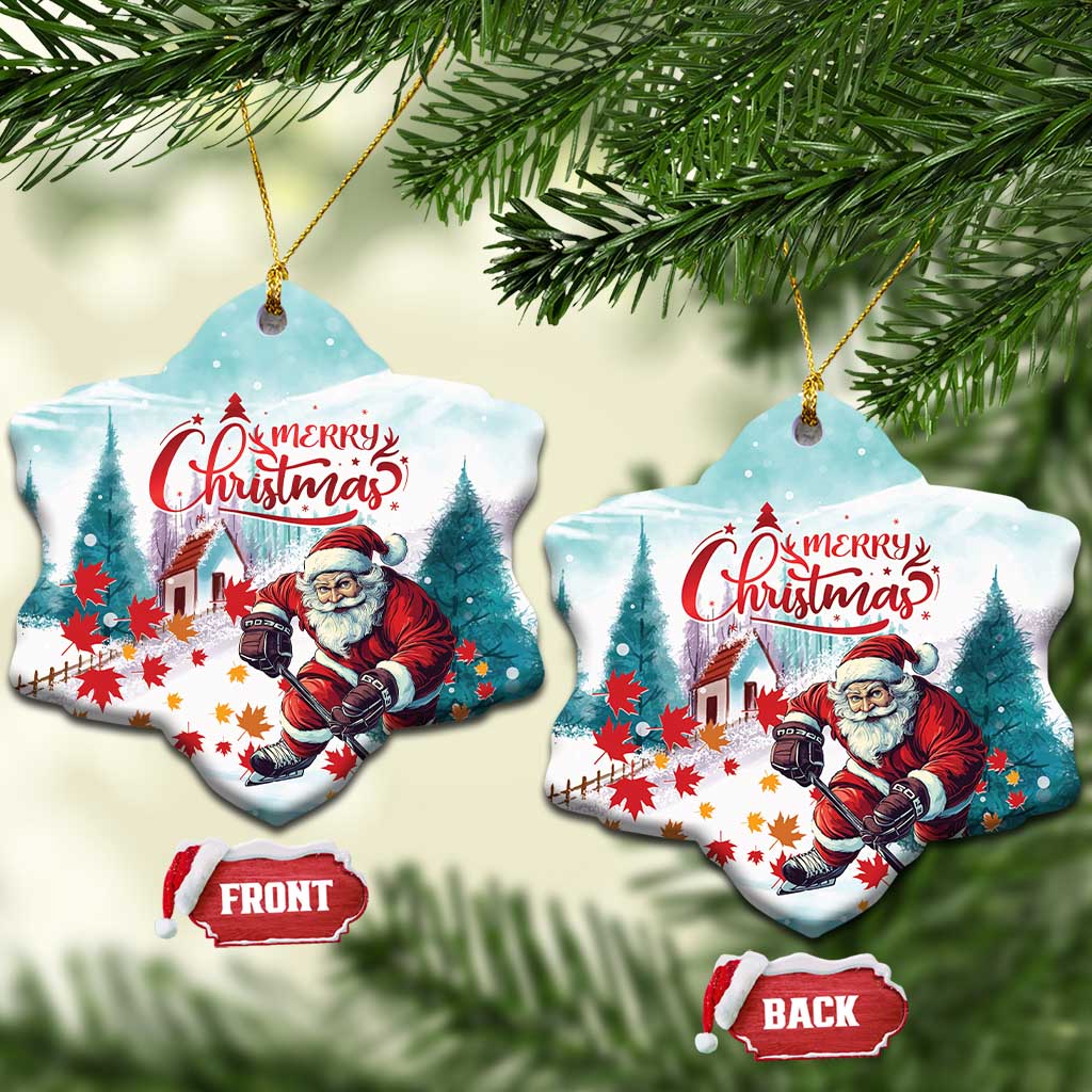 Snowflake-shaped ceramic Christmas ornament with Santa playing hockey, “Merry Christmas”