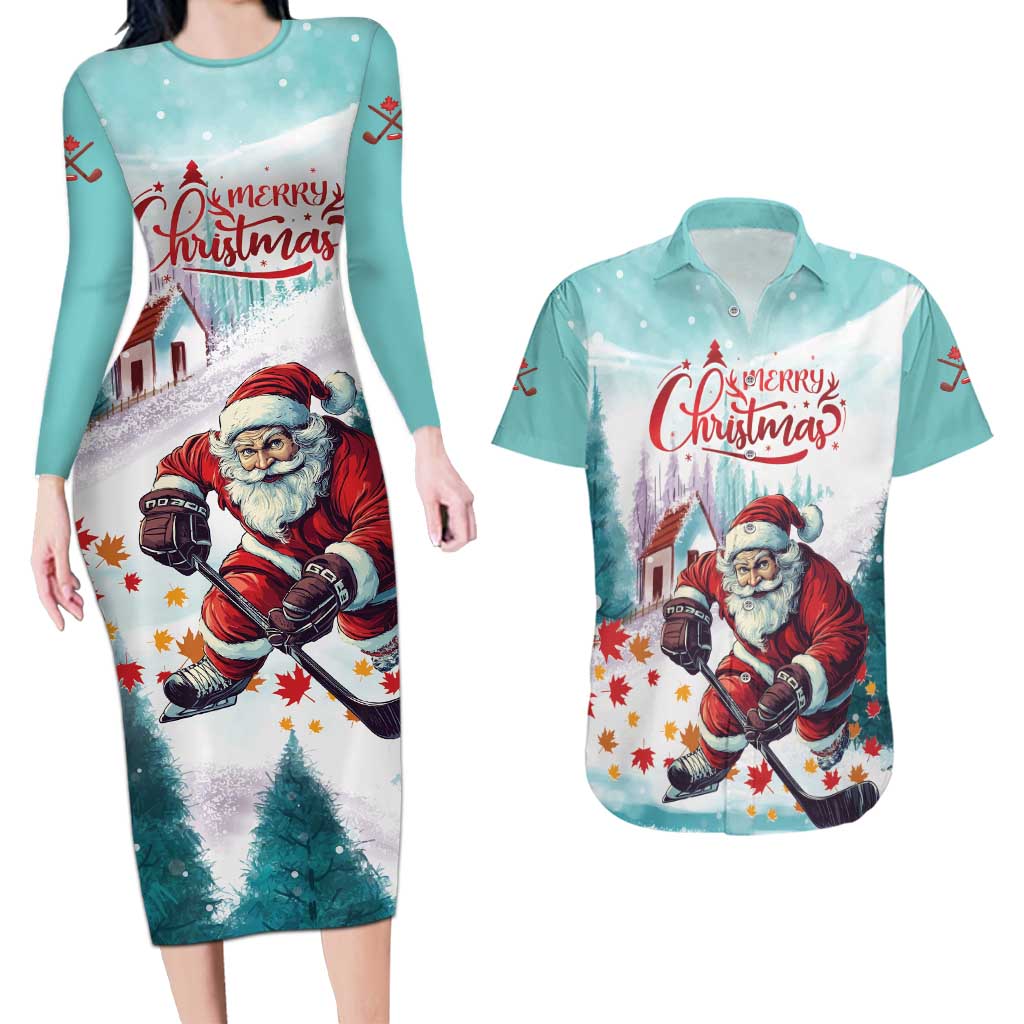 Personalized Canada Santa Playing Hockey Couples Matching Long Sleeve Bodycon Dress and Hawaiian Shirt - Wonder Print Shop