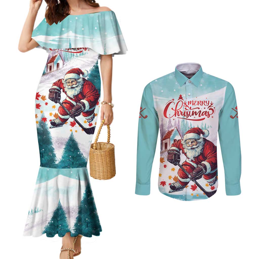 Personalized Canada Santa Playing Hockey Couples Matching Mermaid Dress and Long Sleeve Button Shirt