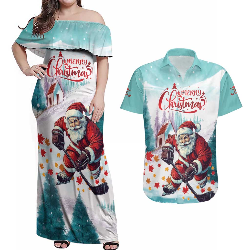 Personalized Canada Santa Playing Hockey Couples Matching Off Shoulder Maxi Dress and Hawaiian Shirt - Wonder Print Shop