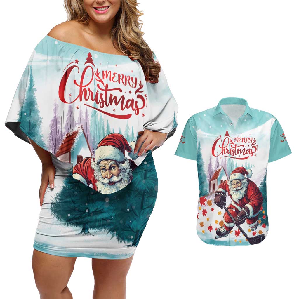 Personalized Canada Santa Playing Hockey Couples Matching Off Shoulder Short Dress and Hawaiian Shirt - Wonder Print Shop