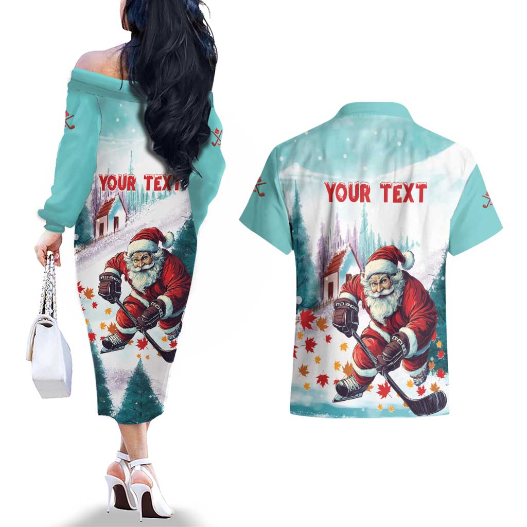 Personalized Canada Santa Playing Hockey Couples Matching Off The Shoulder Long Sleeve Dress and Hawaiian Shirt - Wonder Print Shop