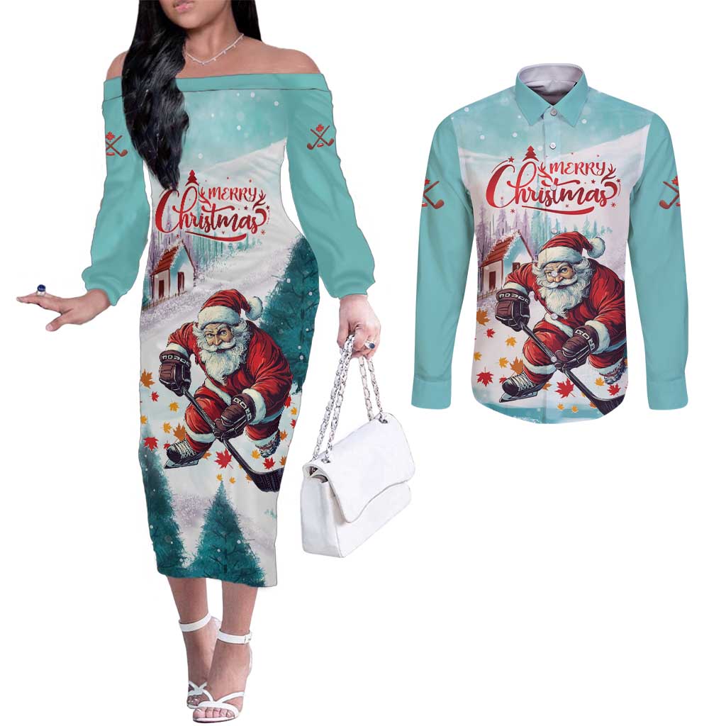 Personalized Canada Santa Playing Hockey Couples Matching Off The Shoulder Long Sleeve Dress and Long Sleeve Button Shirt