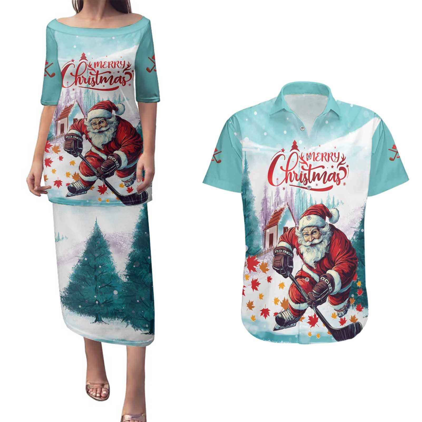 Personalized Canada Santa Playing Hockey Couples Matching Puletasi and Hawaiian Shirt - Wonder Print Shop