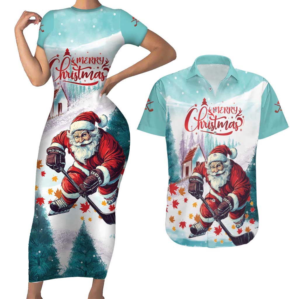 Personalized Canada Santa Playing Hockey Couples Matching Short Sleeve Bodycon Dress and Hawaiian Shirt - Wonder Print Shop