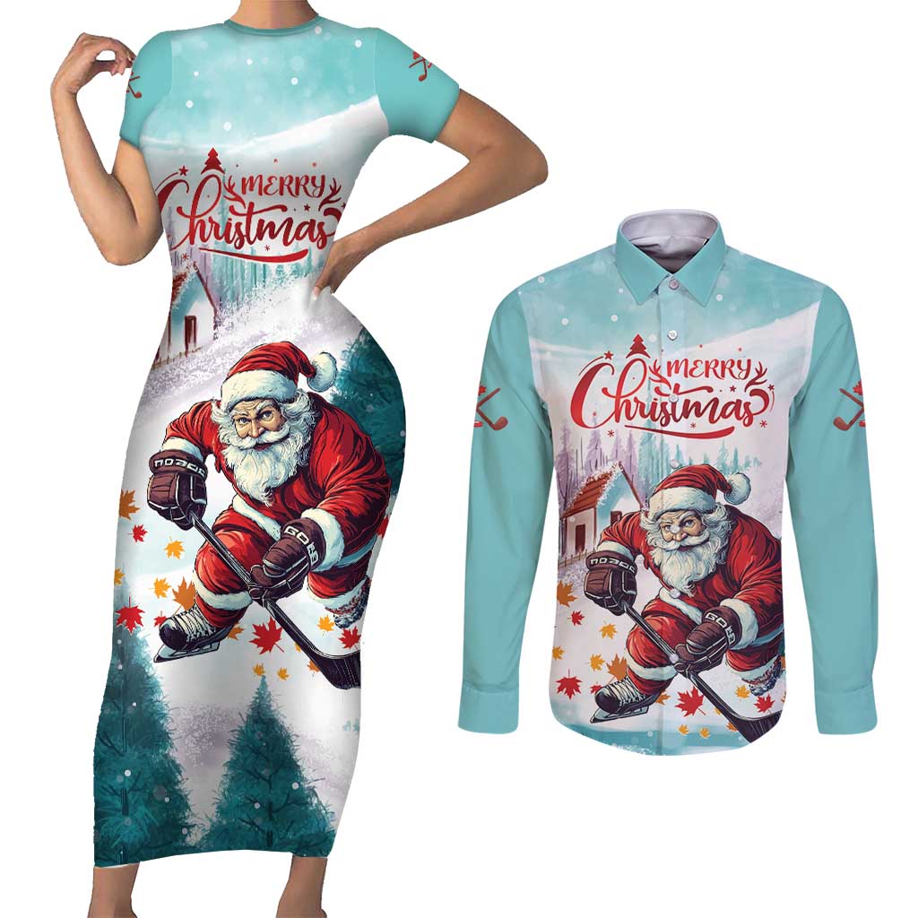 Personalized Canada Santa Playing Hockey Couples Matching Short Sleeve Bodycon Dress and Long Sleeve Button Shirt - Wonder Print Shop