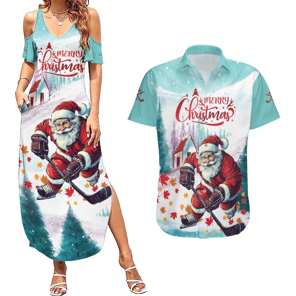 Personalized Canada Santa Playing Hockey Couples Matching Summer Maxi Dress and Hawaiian Shirt - Wonder Print Shop