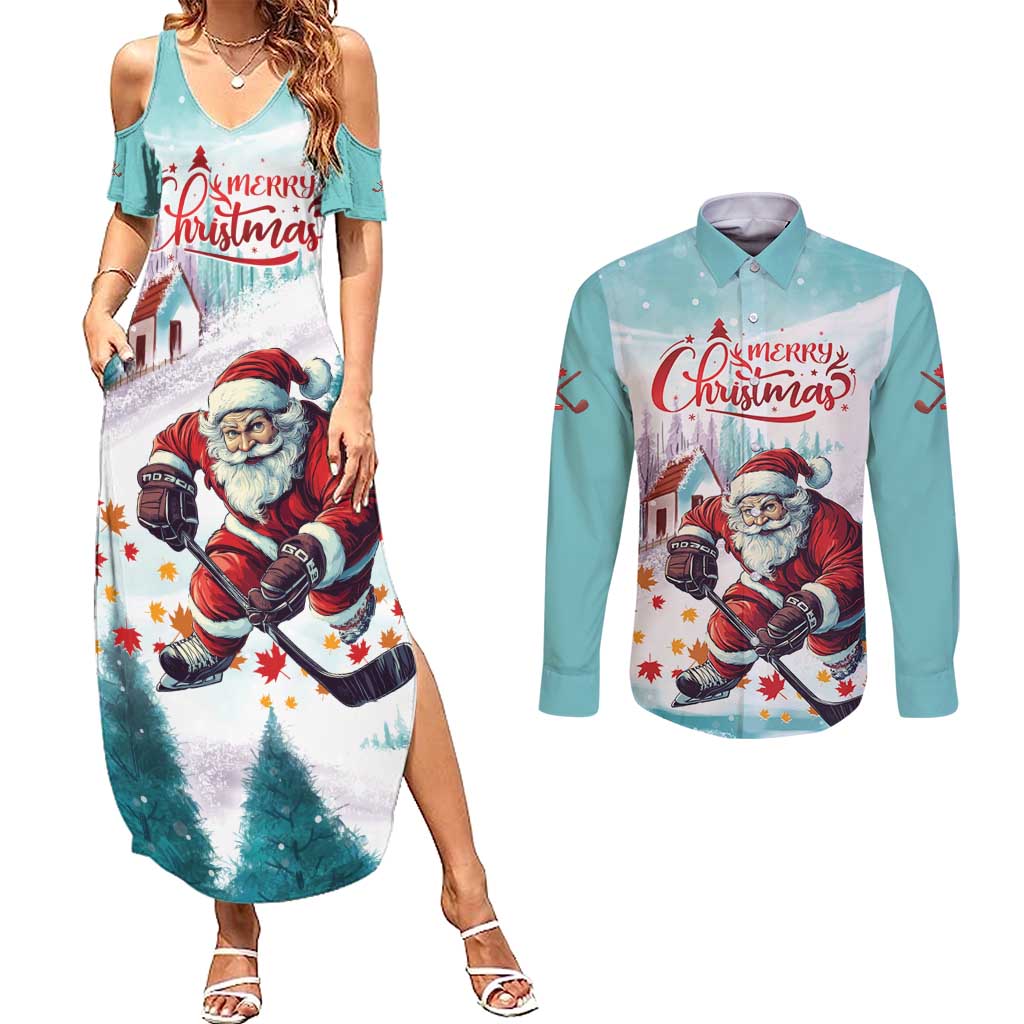 Personalized Canada Santa Playing Hockey Couples Matching Summer Maxi Dress and Long Sleeve Button Shirt - Wonder Print Shop