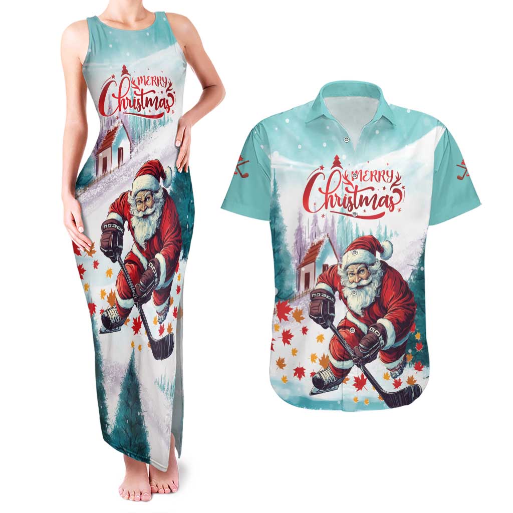 Personalized Canada Santa Playing Hockey Couples Matching Tank Maxi Dress and Hawaiian Shirt - Wonder Print Shop