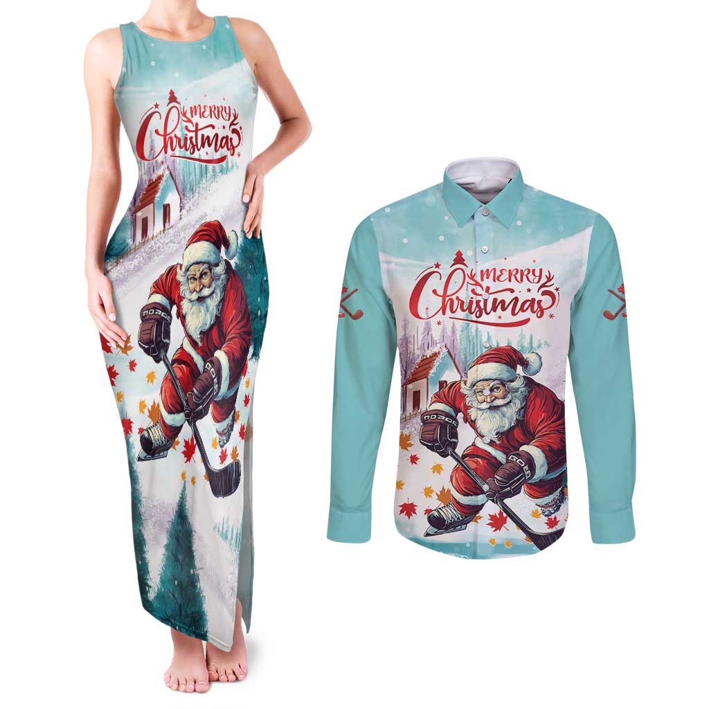 Personalized Canada Santa Playing Hockey Couples Matching Tank Maxi Dress and Long Sleeve Button Shirt - Wonder Print Shop