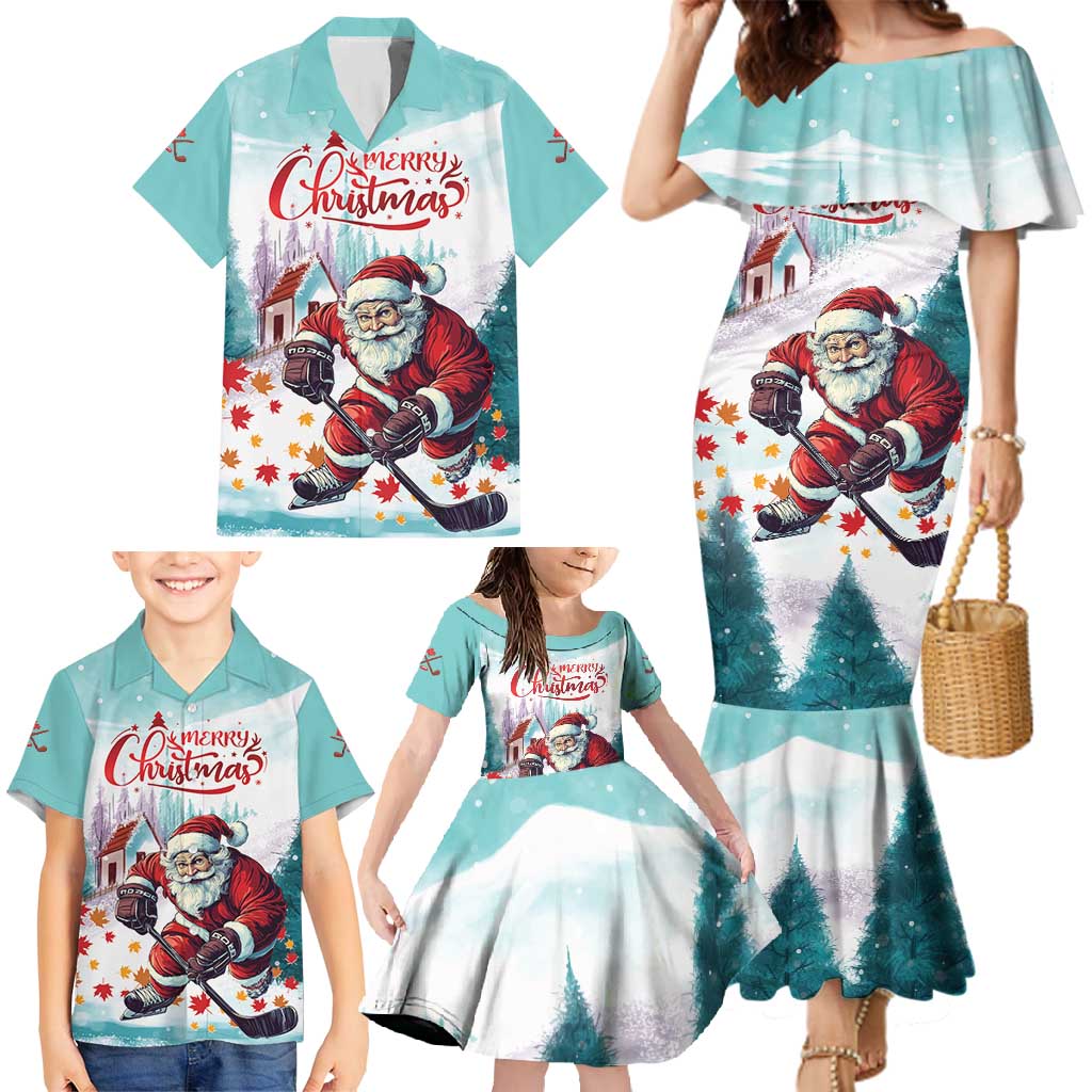 Personalized Canada Santa Playing Hockey Family Matching Mermaid Dress and Hawaiian Shirt - Wonder Print Shop