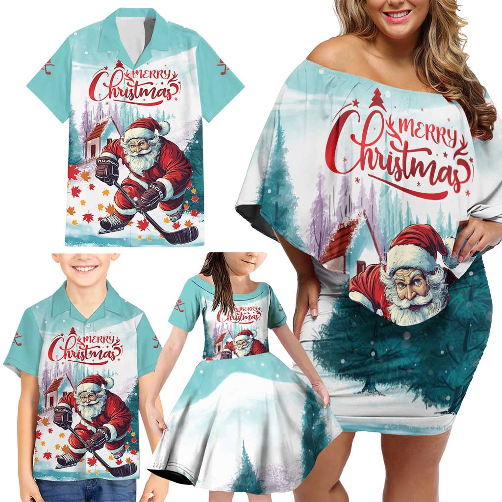 Personalized Canada Santa Playing Hockey Family Matching Off Shoulder Short Dress and Hawaiian Shirt - Wonder Print Shop