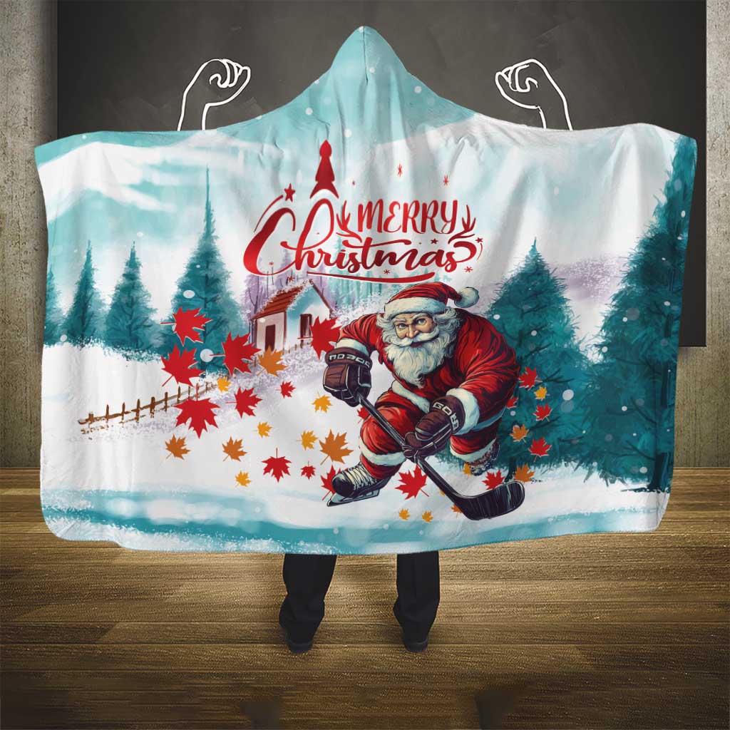 Mint hooded blanket with Merry Christmas Santa hockey print and front pouch hood
