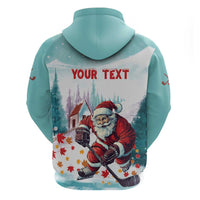 Mint pullover hoodie back view with Santa hockey scene and 'YOUR TEXT' headline