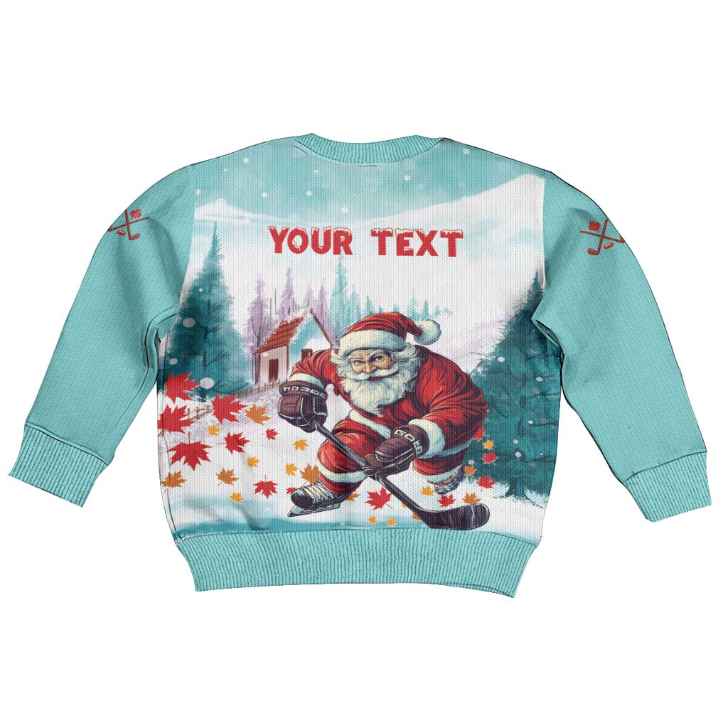 Kids mint sweater with Santa hockey graphic and 'YOUR TEXT' on the back