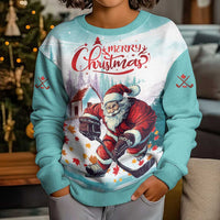 Kids mint ugly Christmas sweater with Santa hockey front graphic and 'Merry Christmas'