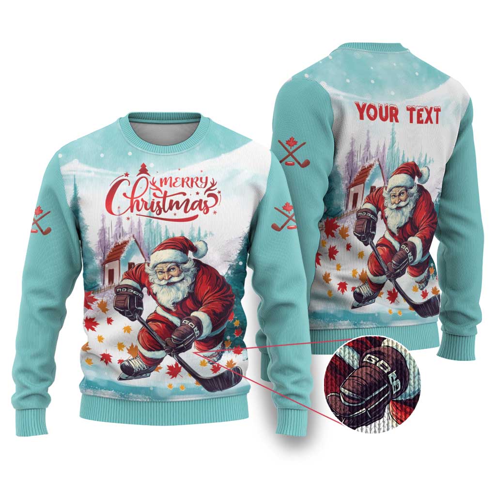 Mint ugly Christmas sweater, front and back views with Santa playing hockey graphic