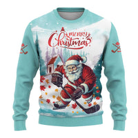 Mint ugly Christmas sweater with 'Merry Christmas' Santa playing hockey center graphic