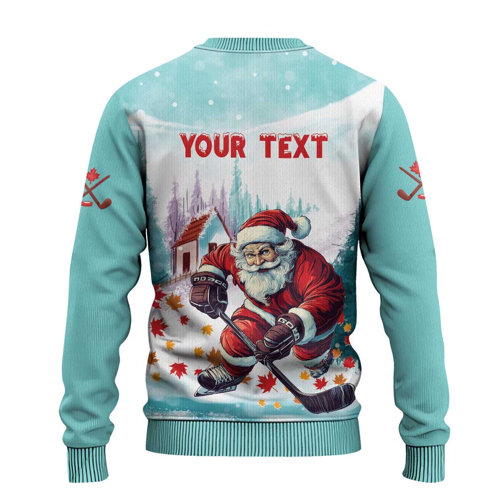 Mint ugly Christmas sweater, back view with Santa hockey and red 'YOUR TEXT' print