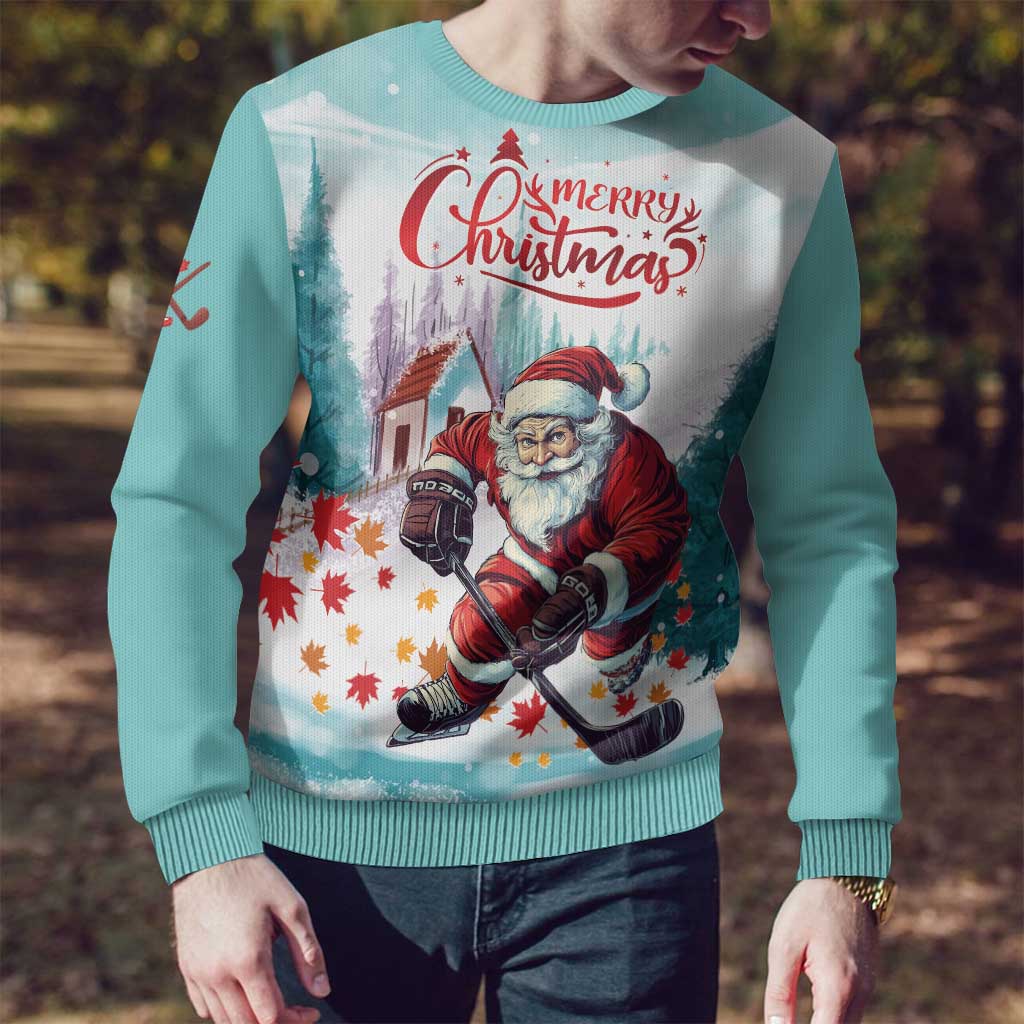 Mint ugly Christmas sweater, front view with 'Merry Christmas' and Santa hockey design