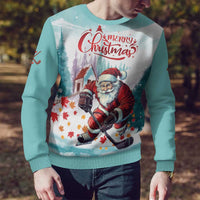 Mint ugly Christmas sweater, front view with 'Merry Christmas' and Santa hockey design