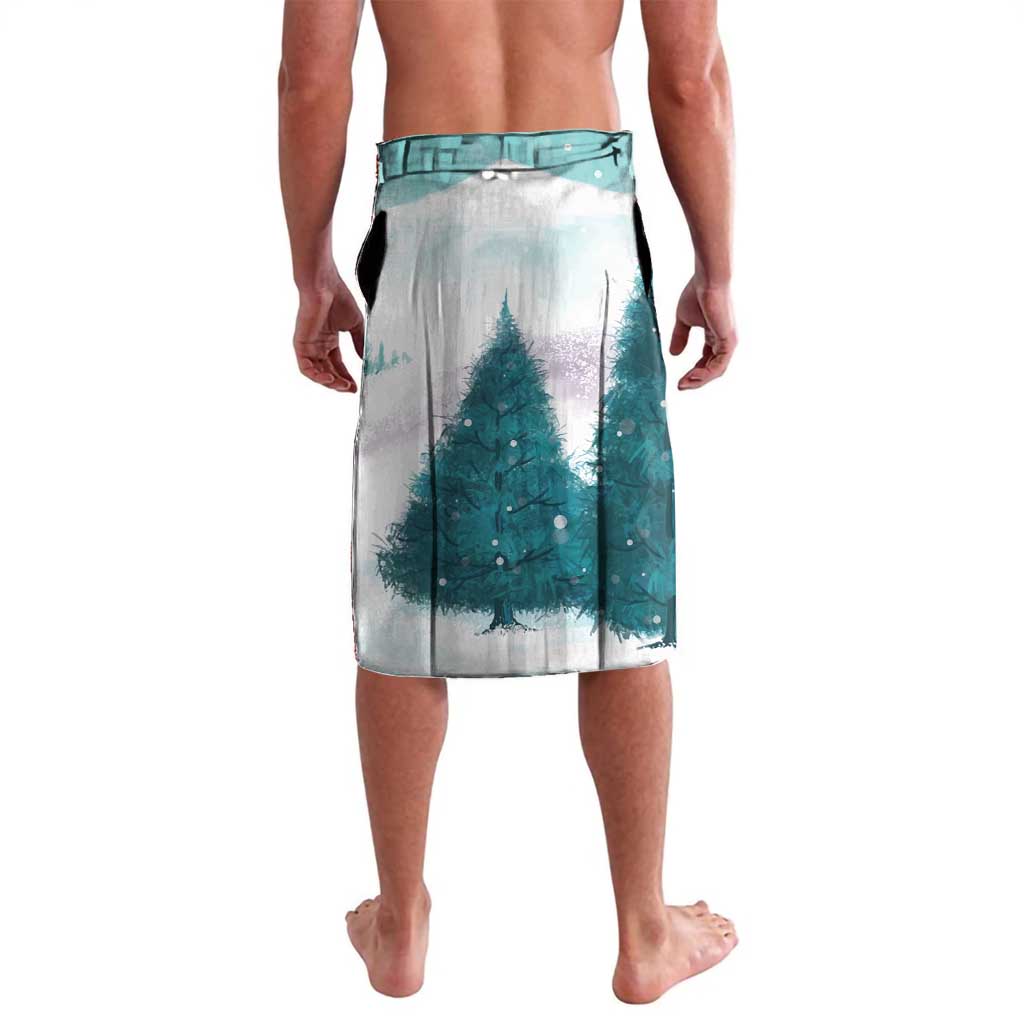Mint shorts back view with large tree and winter scene print, elastic waistband