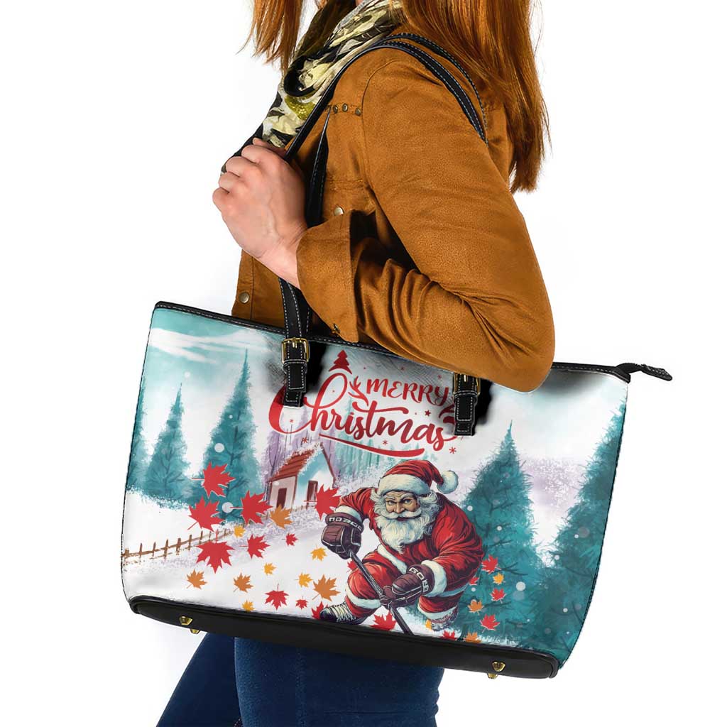 Canada Santa Playing Hockey Leather Tote Bag - Wonder Print Shop