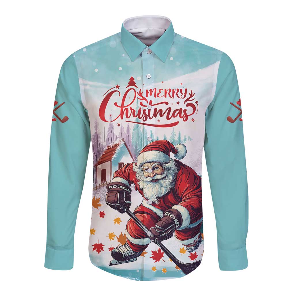 Mint long-sleeve button shirt with Merry Christmas hockey Santa front graphic