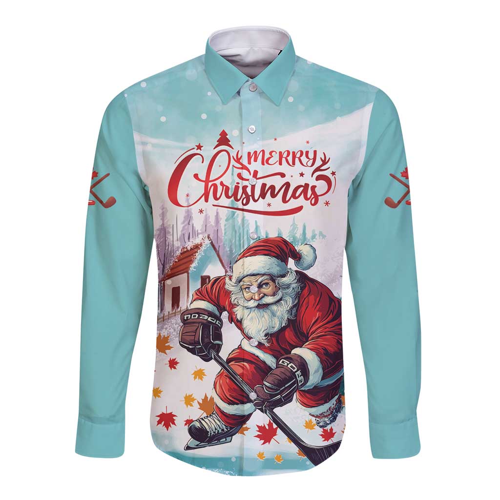 Personalized Canada Santa Playing Hockey Long Sleeve Button Shirt - Wonder Print Shop