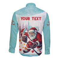 Mint long-sleeve button shirt with hockey Santa back print and YOUR TEXT
