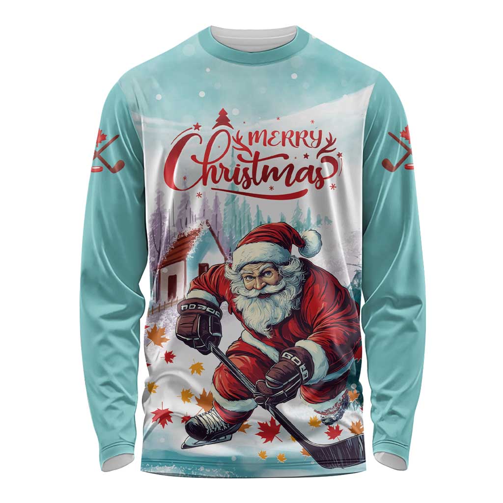 Mint long sleeve shirt with Merry Christmas Santa playing hockey front graphic
