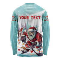 Mint long sleeve shirt with YOUR TEXT Santa playing hockey back graphic