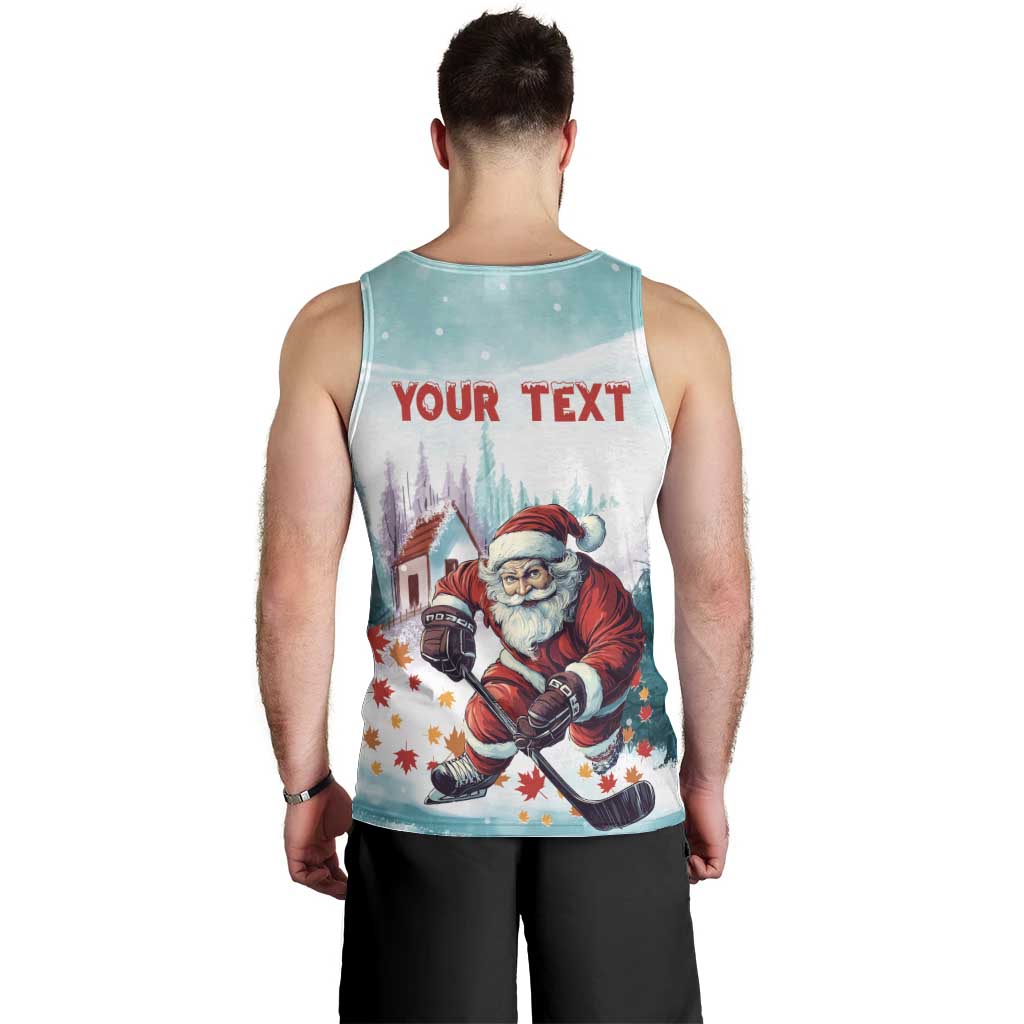 Men's mint tank top with back text placeholder 'YOUR TEXT' and Santa hockey print