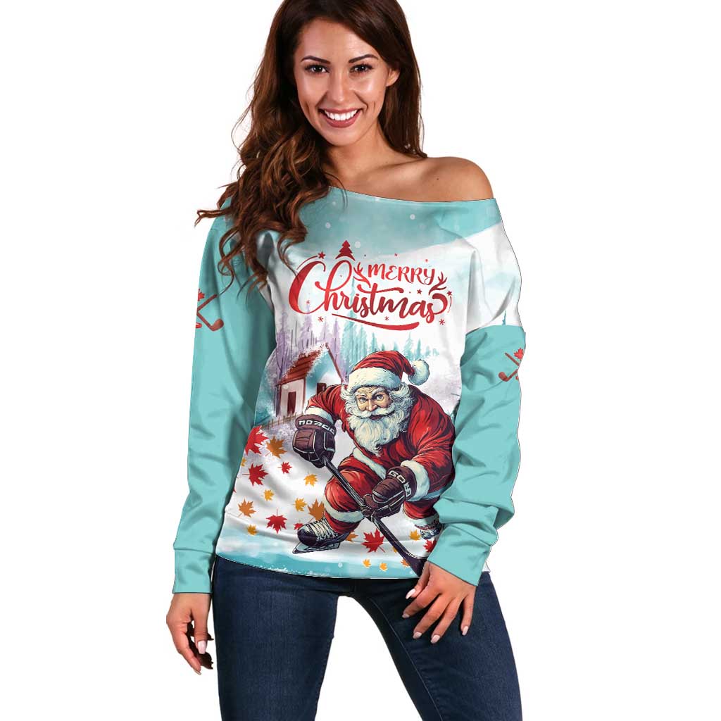 Personalized Canada Santa Playing Hockey Off Shoulder Sweater - Wonder Print Shop