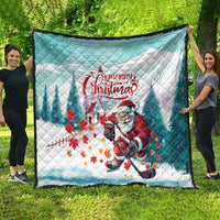 Mint Christmas quilt outdoors, Santa with hockey stick, 'Merry Christmas' headline