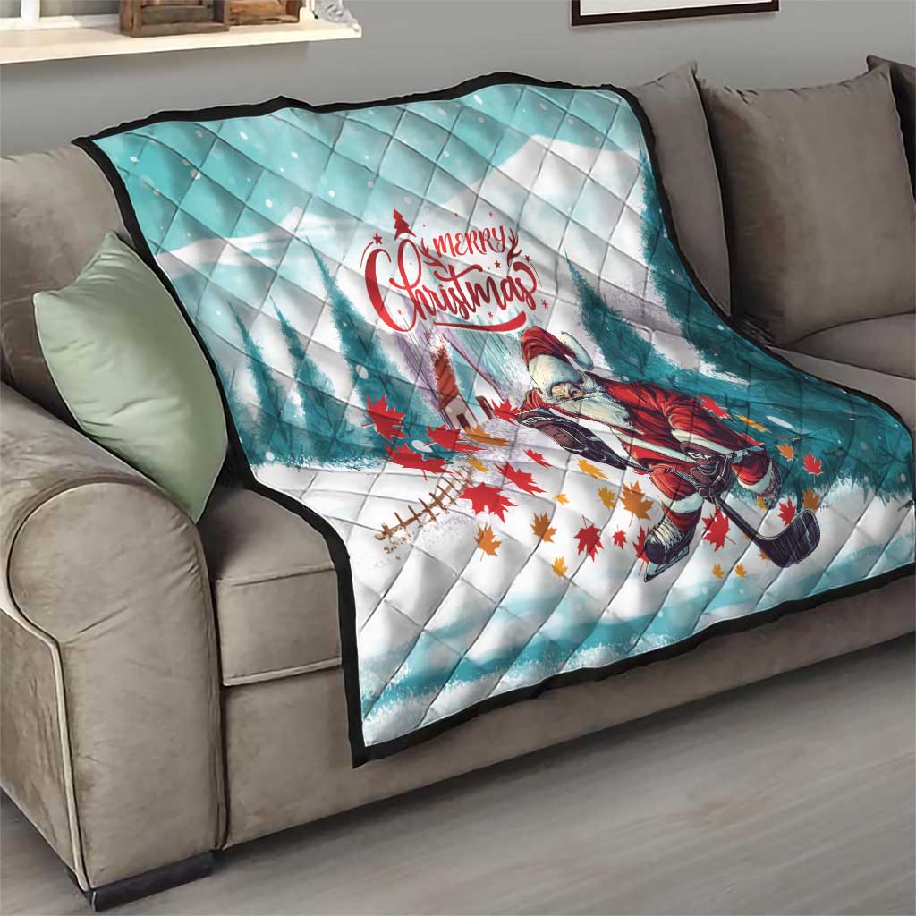 Mint Christmas quilt on sofa, Santa hockey player, red 'Merry Christmas' script