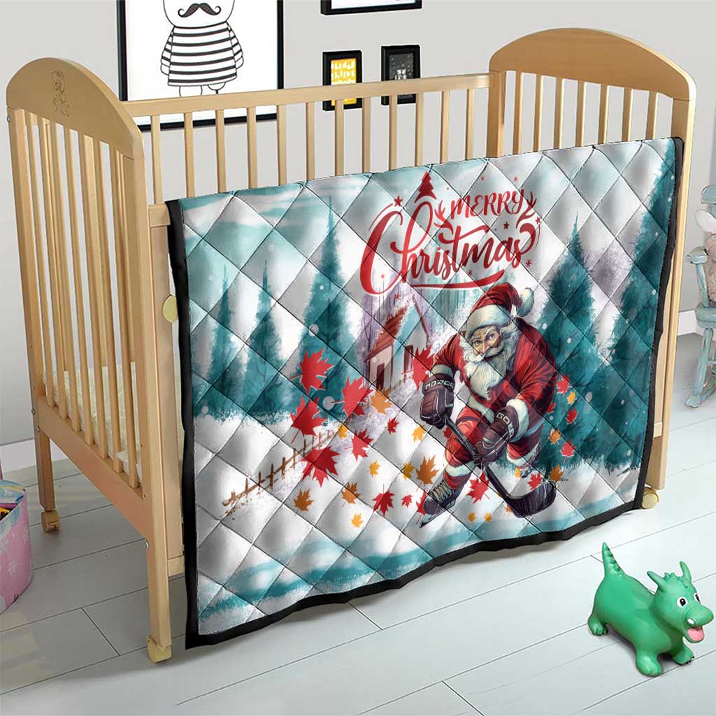 Mint Christmas quilt in crib, Santa playing hockey with 'Merry Christmas' on top