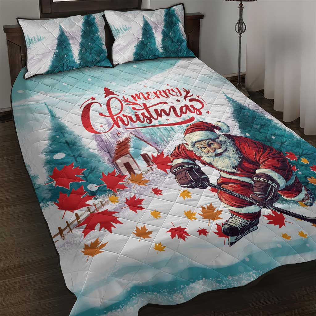 Canada Santa Playing Hockey Quilt Bed Set