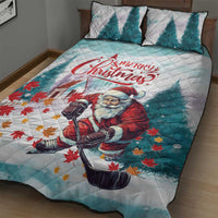 Mint quilt bed set with Santa playing hockey, Merry Christmas script and maple leaves.