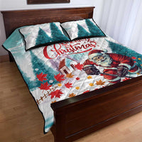 Mint quilt bed set with Santa playing hockey, Merry Christmas text and leaf confetti.