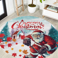 Round mint Christmas rug with Santa playing hockey and “Merry Christmas” text
