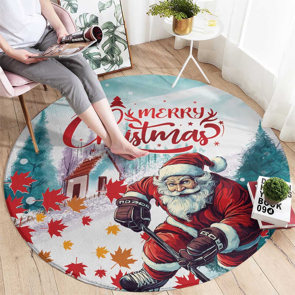 Round mint Christmas rug featuring hockey Santa, snow trees and “Merry Christmas”
