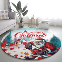 Round mint Christmas rug with “Merry Christmas” banner and hockey Santa illustration