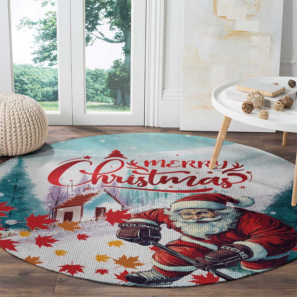 Round mint Christmas rug with hockey Santa and red maple leaves under “Merry Christmas”