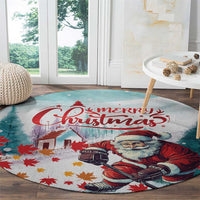 Round mint Christmas rug with hockey Santa and red maple leaves under “Merry Christmas”