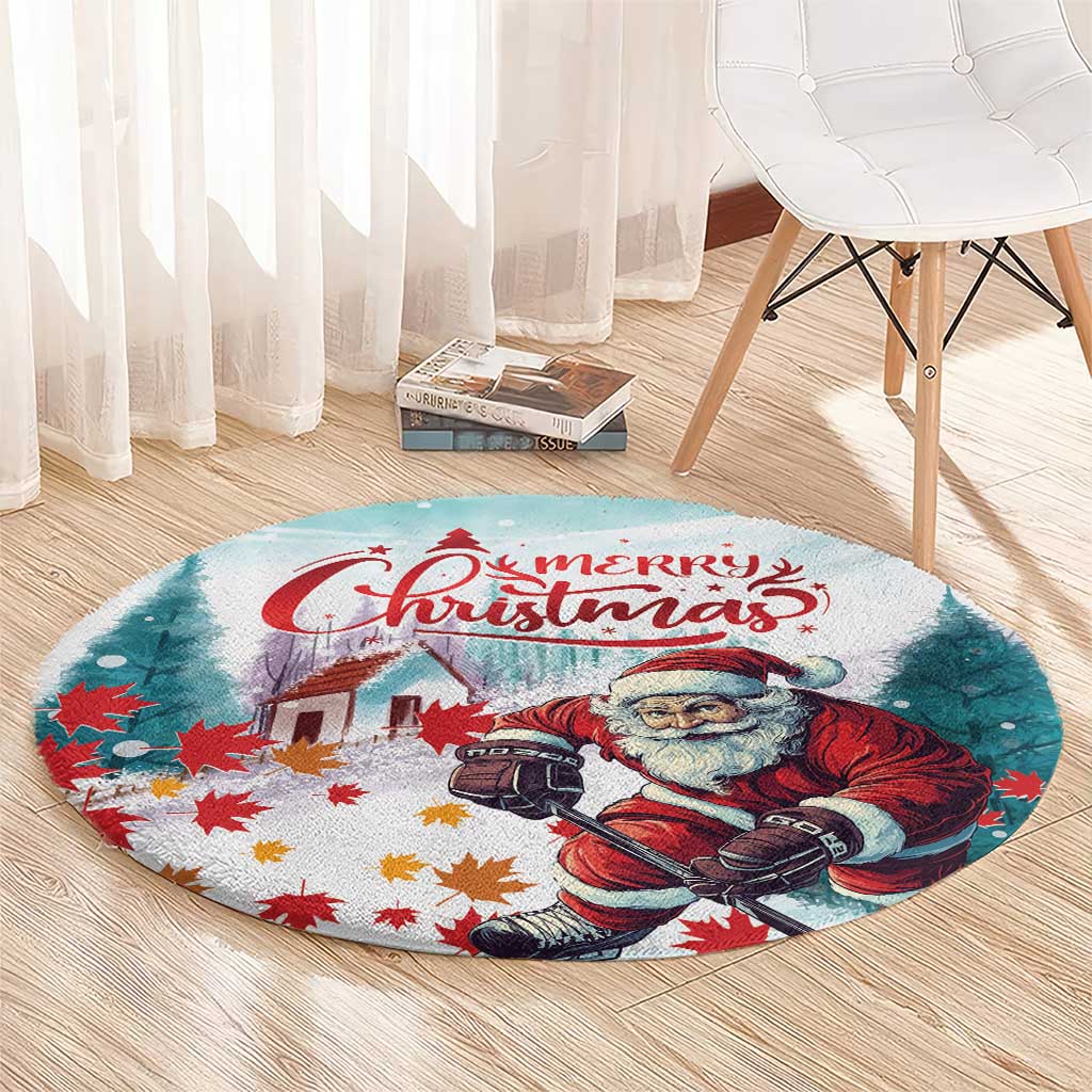 Round mint Christmas rug with hockey Santa and “Merry Christmas” lettering, circular edges
