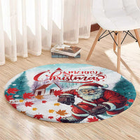 Round mint Christmas rug with hockey Santa and “Merry Christmas” lettering, circular edges