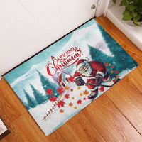 Mint Christmas rubber doormat showing Santa with hockey stick, 'Merry Christmas' logo