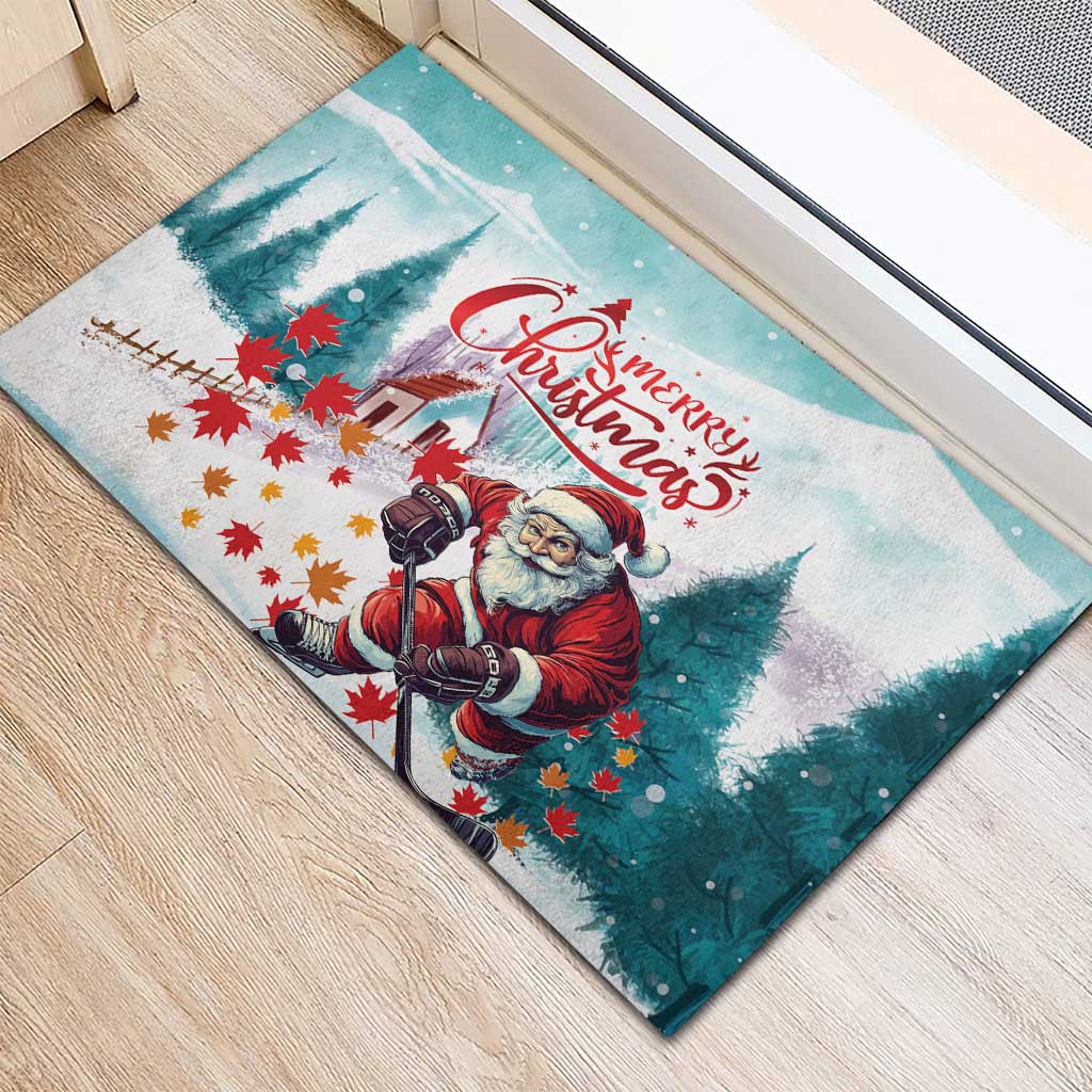 Mint rubber doormat with Santa and 'Merry Christmas' across the snowy pine scene