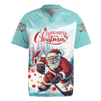 Mint Christmas hockey rugby jersey with Merry Christmas graphic and Santa playing hockey